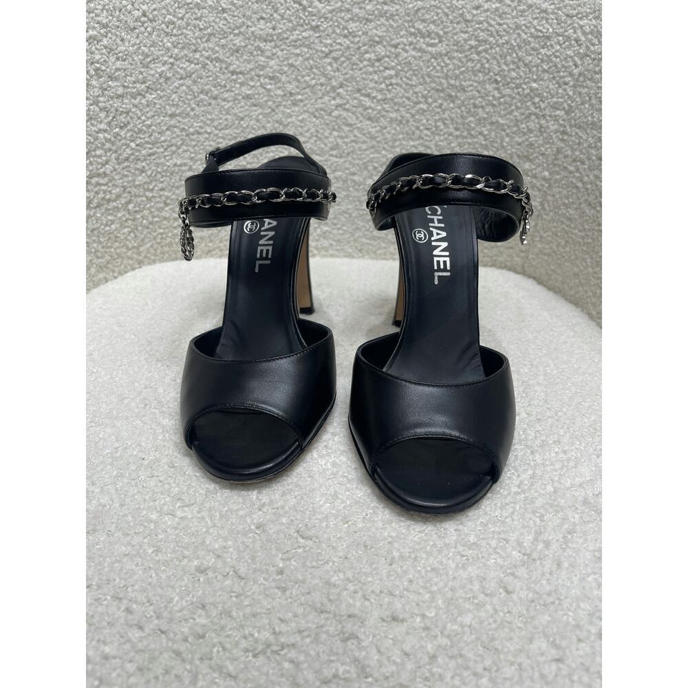 Chanel Women's Black Leather Peep Toe Sandals Size 37 - Made in Italy